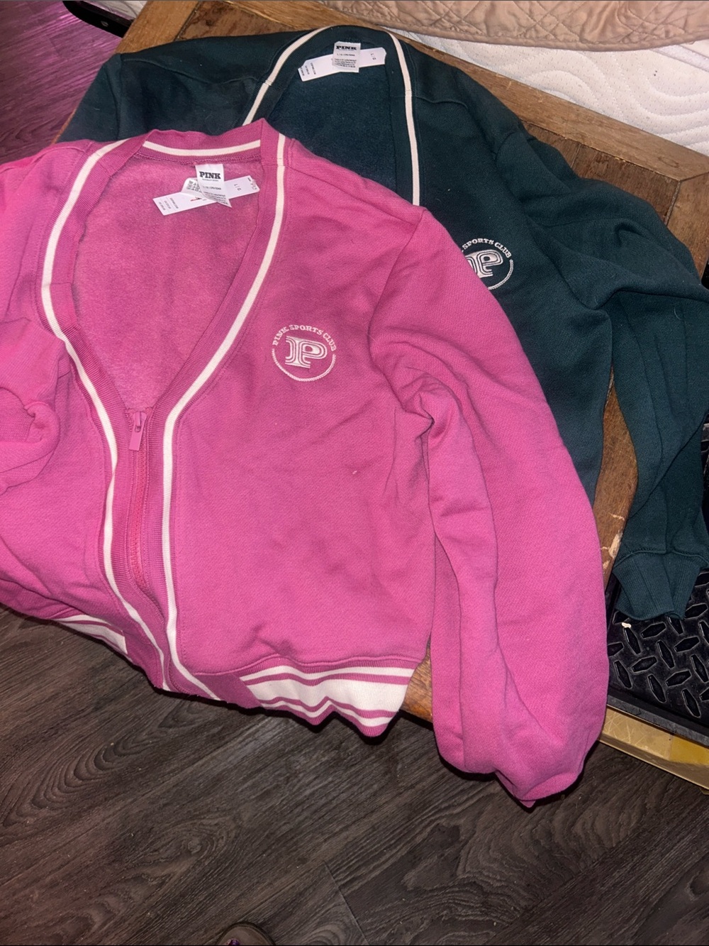 2 V/S-PINK: Zip-Up Varsity Jackets- Bright Pink & Forest Green-NEW